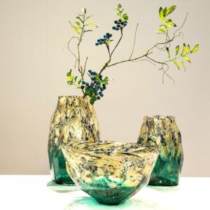 GREEN AND GOLD VASE WITH FLOWER SET 3