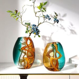 BLUE AND BROWN VASE SET WITH FLOWER SET 2