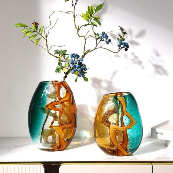 BLUE AND BROWN VASE SET WITH FLOWER SET 2